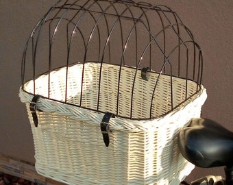 Handmade wicker bike basket for a dog carrier in WHITEcolor with a pillow Transport basket, travelling with pet - BAG 09