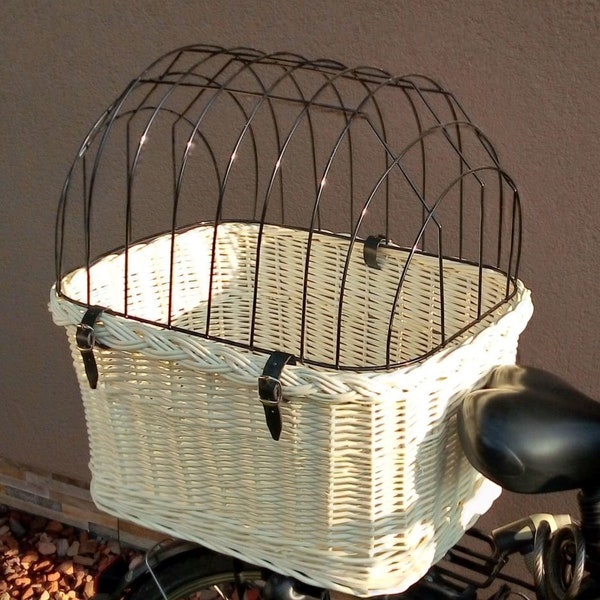 Panier de vélo en osier fait main pour un transporteur de chien en BLANC avec un oreiller Panier de transport, voyager avec un animal de compagnie - SAC 09