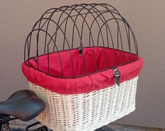 Handmade wicker bike basket for a dog, carrier in WHITE, material insert , travelling with pet, Polish product BAG 27