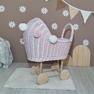 Doll Carriage, Pink Doll Stroller, Perfect gift Doll&#39;s pram made of beech wood and wicker in Natural color Wicker baby stroller WW 12