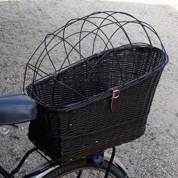 Handmade wicker bike basket for a dog, carrier in BLACK,  color with a pillow, , travelling with pet - BAG 03