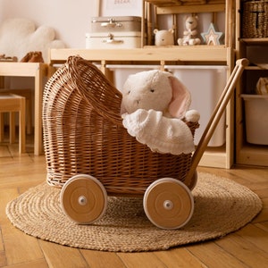 Pram for dolls made of beech wood and wicker in Natural color Wicker baby stroller WN 56