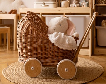 Pram for dolls made of beech wood and wicker in Natural color Wicker baby stroller WN 56