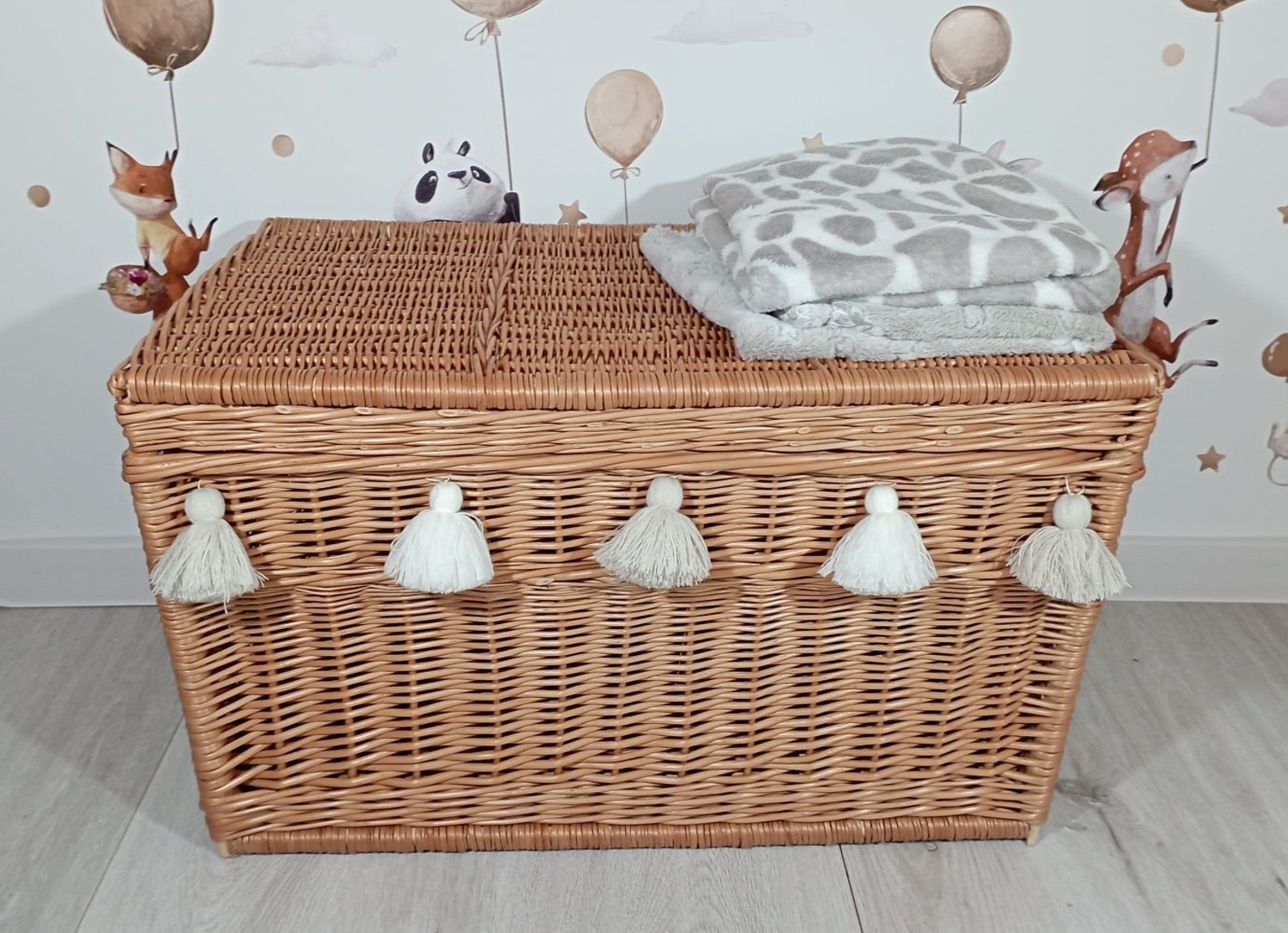 Wicker Chest in Natural Color With Fringes, Wicker Storage Chest