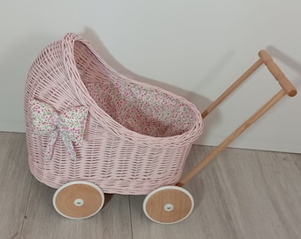 Wicker Baby Carriage, Doll Stroller, Eko Doll Pram, Natural Wicker Willow Doll Stroller, Doll Stroller with bedding and bows  WN 62