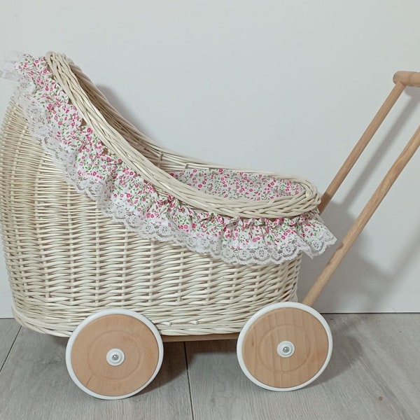 Wicker White Baby Carriage, Doll Stroller, Eko Doll Pram, Natural Doll Carriage, Willow Doll Stroller + bedding and frill WN 75