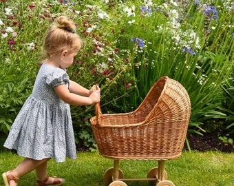 Natural Doll Carriage, Doll Stroller, Perfect gift Doll's pram made of beech wood and wicker in Natural color Wicker baby stroller WW 011