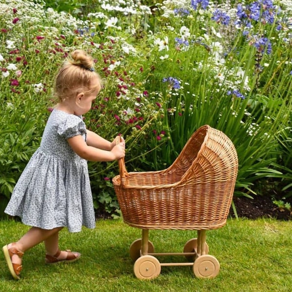 Natural Doll Carriage, Doll Stroller, Perfect gift Doll's pram made of beech wood and wicker in Natural color Wicker baby stroller WW 011