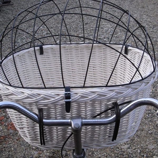 Panier de vélo, Panier de transport BLANC, Panier à provisions pour guidon avant, Porte-chien avec grille, Fait main en saule - TR 01