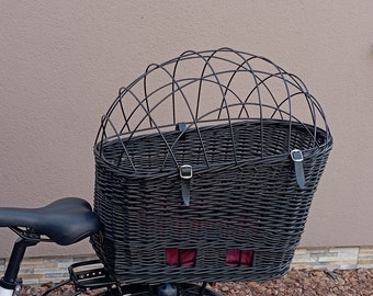 Rear wicker bike basket for pets, small animals carrier with a pillow, BLACK,  transport basket, travelling with pet - BAG 12