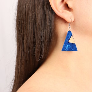 Earrings From Blue Resin And Olive Wood, Triangle Earrings, Minimalist Earrings for Unique Women, Wood And Resin Gifts for Her