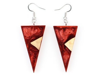 Triangle Earrings, Olive Wood And Red Resin Earrings, Dangle Earrings. Hypoallergenic Earrings, Anniversary Gifts, Valentine's Day Gift