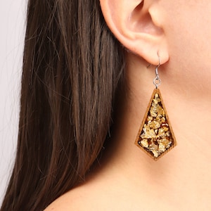 Wooden Earrings Rhombus With Resin And Wooden Frame, Dangle Earrings With Gold Flakes for Women, Gifts for Her, Gifts for Mom