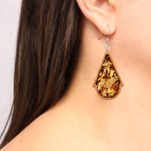 Wood And Resin, Transparent Resin & Wooden Frame Triangle With Round Earrings , Dangle Earrings With Gold Foil, Gifts for Mom, Gift for Wife