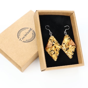 Wooden Earrings Rhombus With Transparent Resin And Olive Wood, Dangle Earrings With Gold Flakes for Women, Gifts for Her, Gifts for Mom
