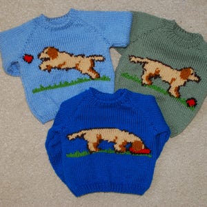 May include: Three knitted jumpers with dog designs. The jumpers are blue, green, and royal blue. Each jumper features a brown dog with a red ball.