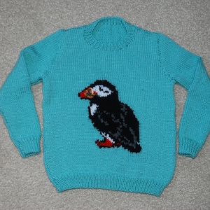 Könnte beinhalten: Ein türkisfarbener Strickpullover mit einem Papageitaucher-Design auf der Vorderseite. Der Papageitaucher ist in Schwarz, Weiß, Rot und Grau dargestellt. Der Pullover hat einen Rundhalsausschnitt und lange Ärmel.