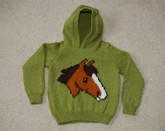 May include: A green knitted hooded sweater with a brown and white horse design on the front.