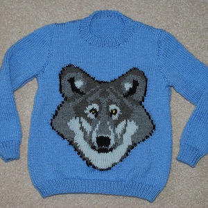 May include: A light blue knitted jumper with a grey wolf face design on the front.
