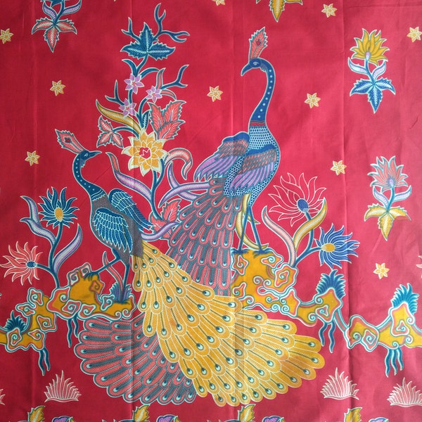 Indonesian Printed Batik Fabric Red Peacock Bird and Dandelion Motifs Asian Sarong Draping Pareo Cotton Beach Wrap
