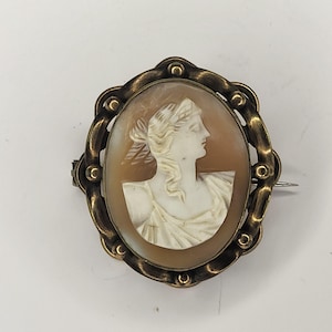 Pode incluir: Broche de camafeu oval com o perfil de uma mulher com uma coroa de louros, esculpido em branco sobre um fundo bege. O camafeu está inserido numa moldura dourada e ornamentada com fecho de alfinete.