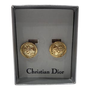 Vintage Christian Dior Gold Clip-On Earrings CD Monogram 1980s Statement Jewelry in Original Box