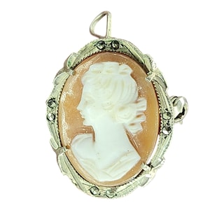 Antyczna edwardiańska srebrna broszka z markazytem i rzeźbioną kameą