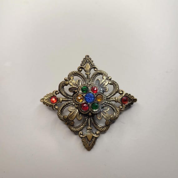 Broche Vintage En Cristal Tchèque - Laiton Filigrane Plaqué Or Doré - Occasion En Bel état