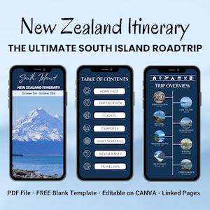 May include: Three smartphone screens displaying a New Zealand itinerary. The first shows a mountain landscape and the text "South Island". The second displays a table of contents. The third shows a trip overview with locations. Text at the top reads "New Zealand Itinerary".
