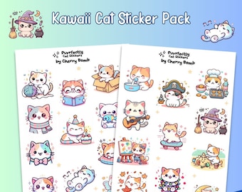 May include: A printable sticker pack featuring 20 adorable kawaii cat illustrations. The stickers are designed in a pastel color palette and feature various cute cat poses, including a cat wearing a witch hat, a cat playing guitar, and a cat holding a fish. The text "Purrfectly Cat Stickers by Cherry Bomb" is printed on the sticker sheets.