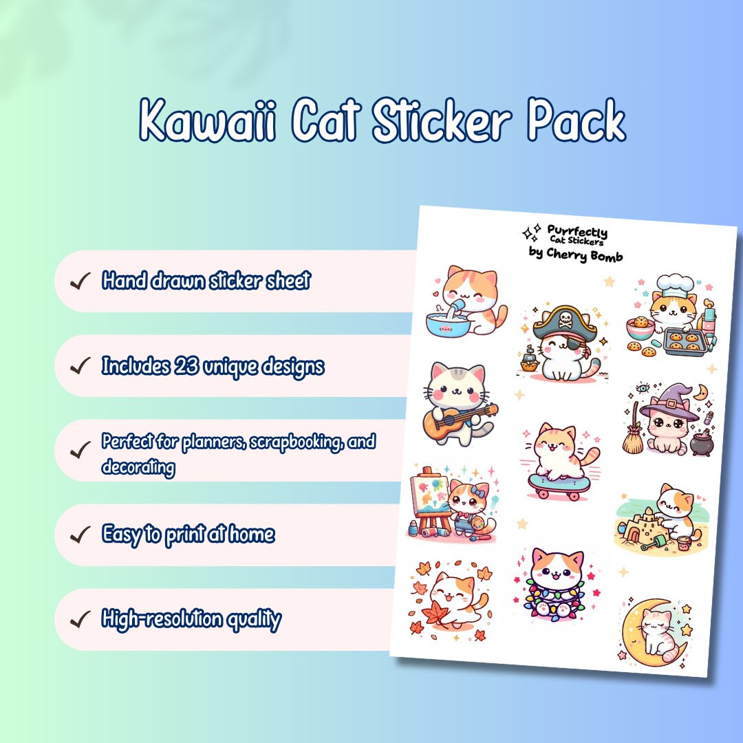 Kawaii Cat Sticker Sheet | Pastel Planner Stickers (digital Download ...