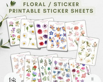 Digital | Printable Sticker Sheets |Botanical Stickers, Garden Stickers,Sticky Notes, Digital Icon Stickers, Flower Stickers