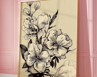 Floral Pencil Drawing Vintage Botanical Artwork Home Decor Gift Ideas Living Room Bedroom Wall Art Unique Aesthetic Hand-drawn Masterpiece