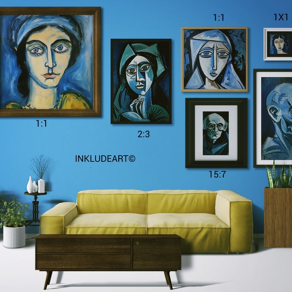 Picasso stijl portretten gedurfde kleuren kunst aan de muur digitale download kunststuk prints Picasso Blue tijdperk stijl blauwe cadeau kunst blauwe home decor kunst