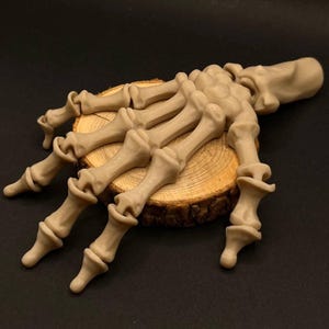 Puede incluir: Una mano de esqueleto de plástico beige con dedos articulados. La mano está posada como si estuviera tendiendo la mano, con los dedos ligeramente curvados. La mano está apoyada sobre una superficie de madera.