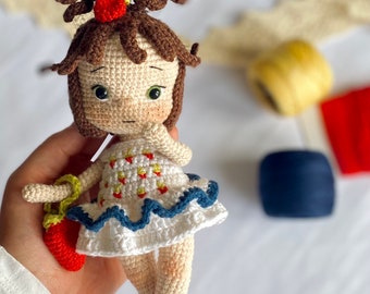 Handmade amigurumi crochet doll “Eva”-strawberry lover-Immediate delivery product