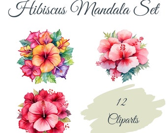 Hibiscus Mandala Clipart Set : 12 PNG de haute qualité, Hibiscus Mandalas, Téléchargement numérique, Fabrication de cartes, Artisanat en papier numérique