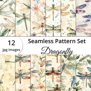 Asas atemporais: 12 padrões sem emendas com libélulas vintage – Designs elegantes – Papéis digitais, libélula aquarela, download digital