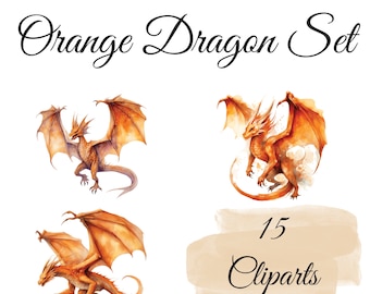 Dragon orange ardent : 15 cliparts aquarelle pour les mondes fantastiques, PNG de haute qualité, PNG à téléchargement instantané, matériel d’artisanat créatif