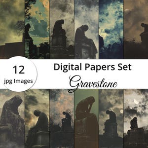 12 mystieke ontwerpen: mens op grafsteen - naadloze digitale papieren voor gotische, fantasieprojecten, digitale download