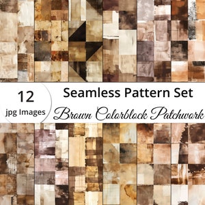 Könnte beinhalten: Ein Set mit 12 nahtlosen digitalen Papiermustern mit braunen Farbblock-Patchwork-Designs. Die Muster sind perfekt für Scrapbooking, Kartenherstellung und andere Bastelprojekte.