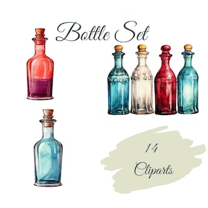 Bottles Clipart Set: 14 High Quality PNGs, Watercolor Vintage Bottles, Digital Download - Card Making, Mixed Media