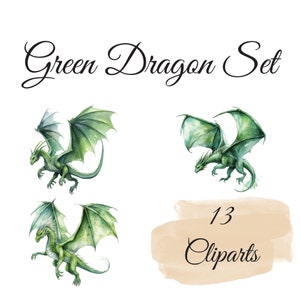 Grüne Drachenmagie: 13 Exklusive Aquarell-Cliparts für Fantasy-Fans, High Quality PNGs, Instant Download PNGs, Planner , Kartenerstellung