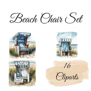 16 clipart acquerello di sedia da spiaggia affascinante - perfetto per progetti nautici, creazione di cartoline, arte della parete, download digitale, pianificatore digitale