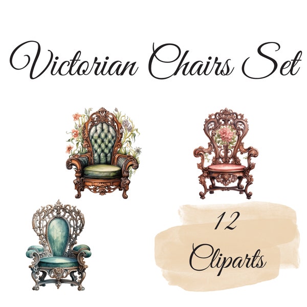 Victorian Chairs Clipart Set: 12 High Quality PNGs, Watercolor Vintage Objects, Digital Download - Card Making, Mixed Media
