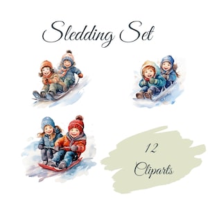 Schlittenfahren Clipart Set: 12 High Quality PNGs, Frostige Figuren, Digitaler Download -Kartengestaltung, digitales Papierhandwerk