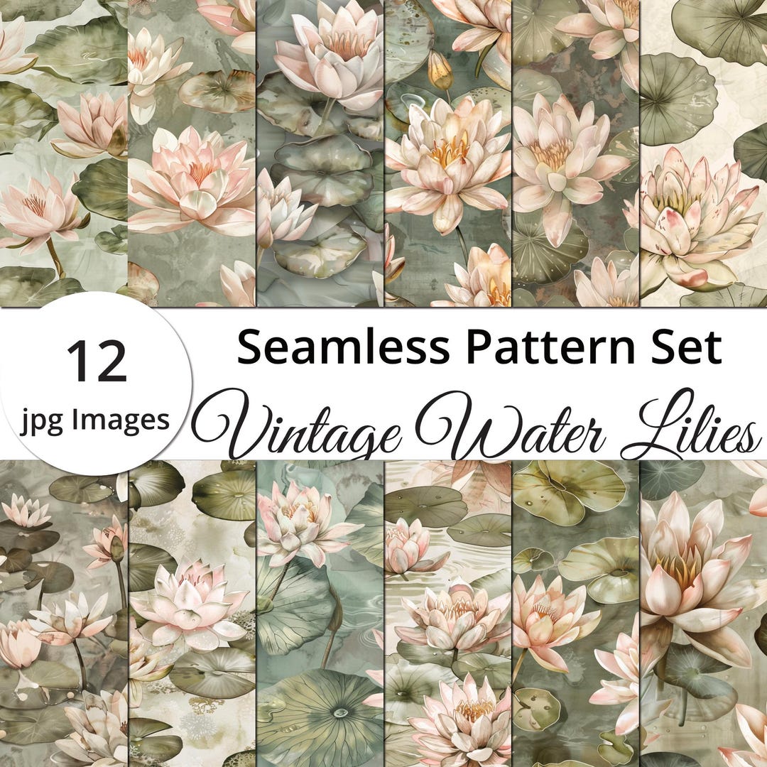 Vintage Water Lilies Seamless Patterns, 12 Seamless Designs for Unique ...