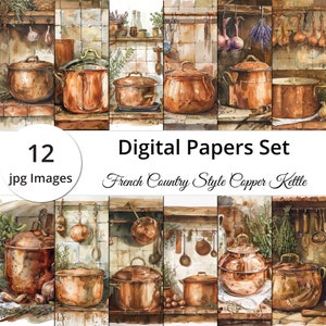 Bouilloire en cuivre de style campagnard Français : 12 papiers numériques uniques pour les projets de scrapbooking rustiques, téléchargement numérique