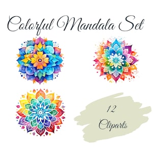 Conjunto de imágenes prediseñadas de mandalas coloridas: 12 PNG de alta calidad, arte de mandalas, descarga digital, creación de tarjetas, manualidades digitales con papel