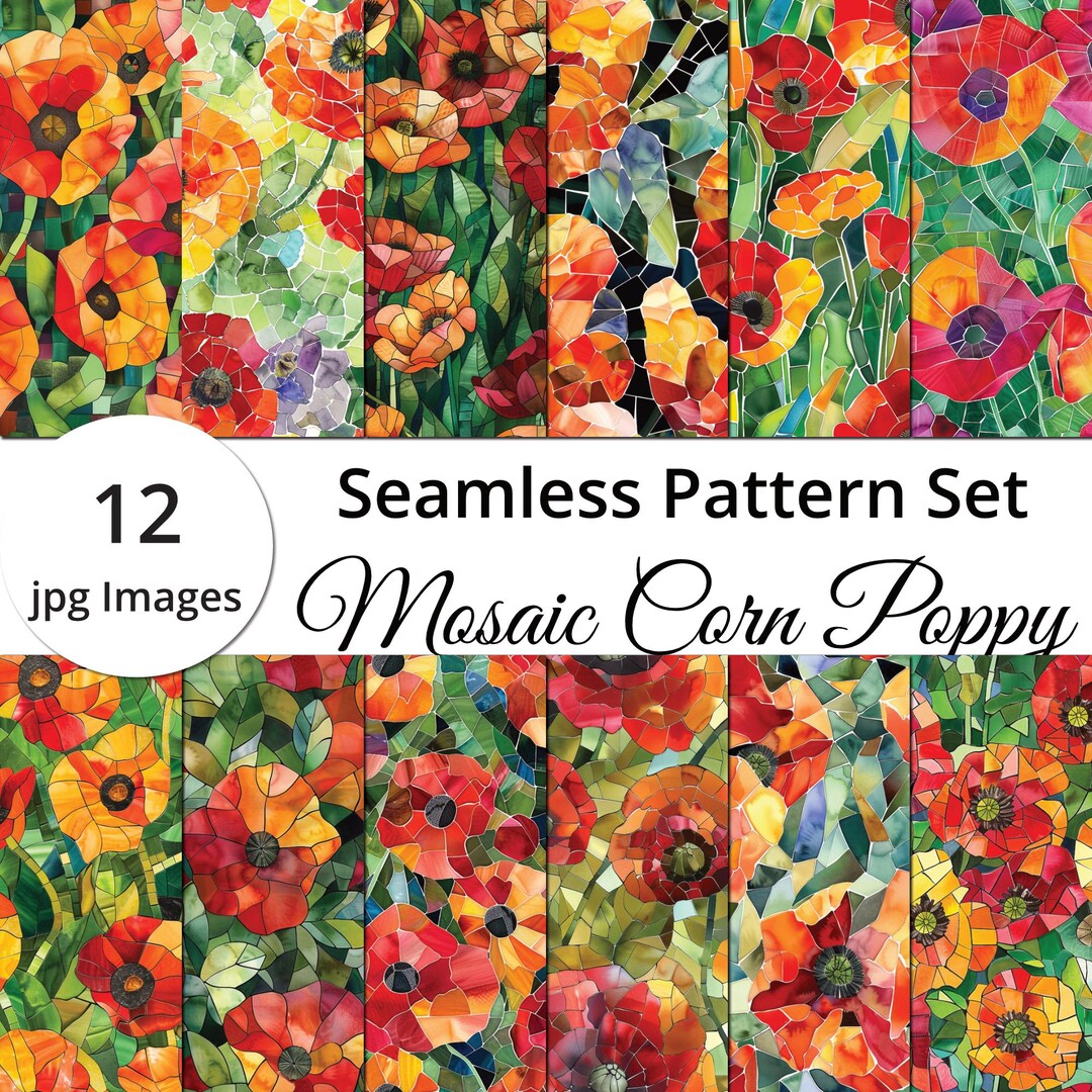 12 Mosaic Poppy Patterns - Seamless Designs for Wedding Invitations and ...